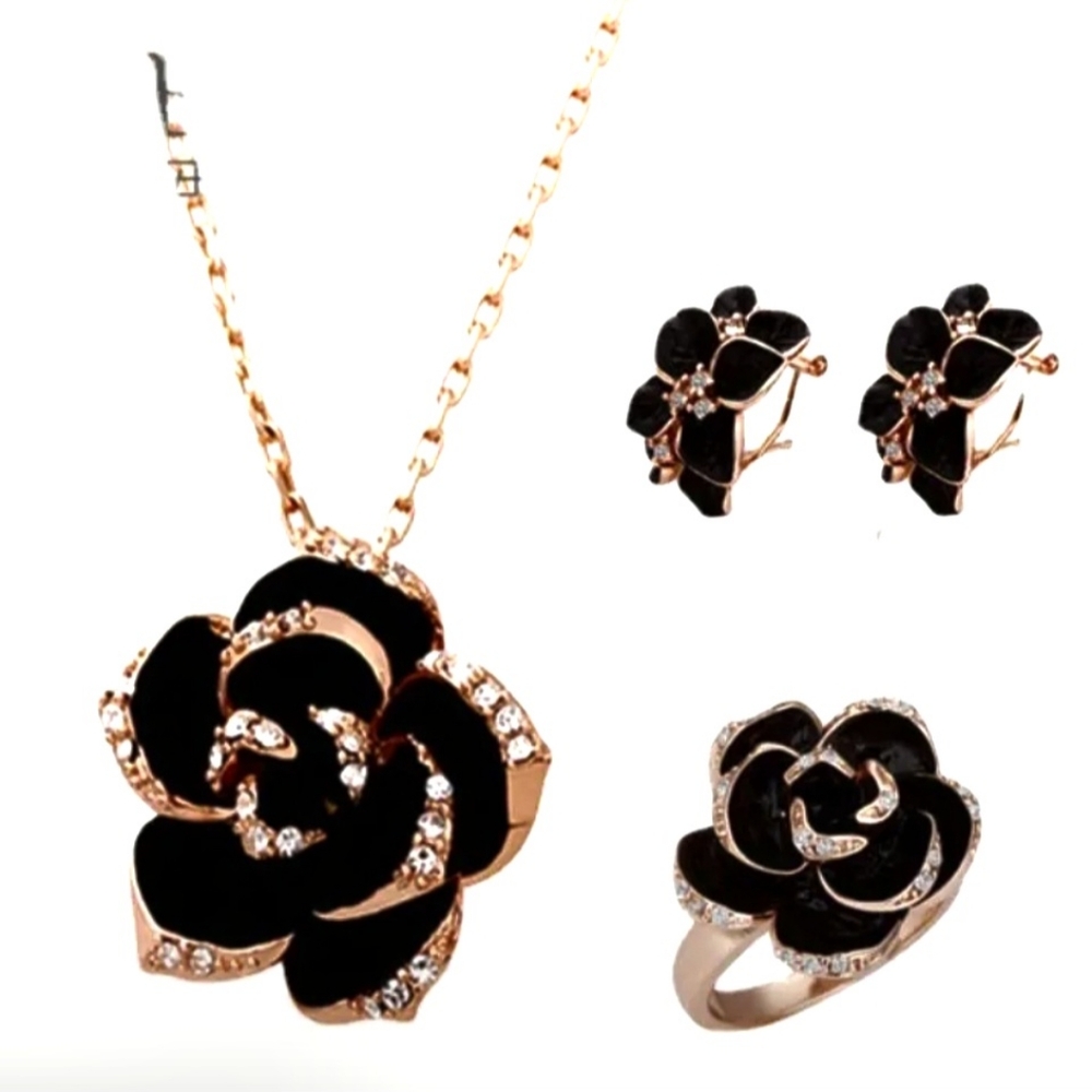 3pcs Set of Elegant Black Rose Camellia Earrings, Necklace and Ring Set.Zirconiu